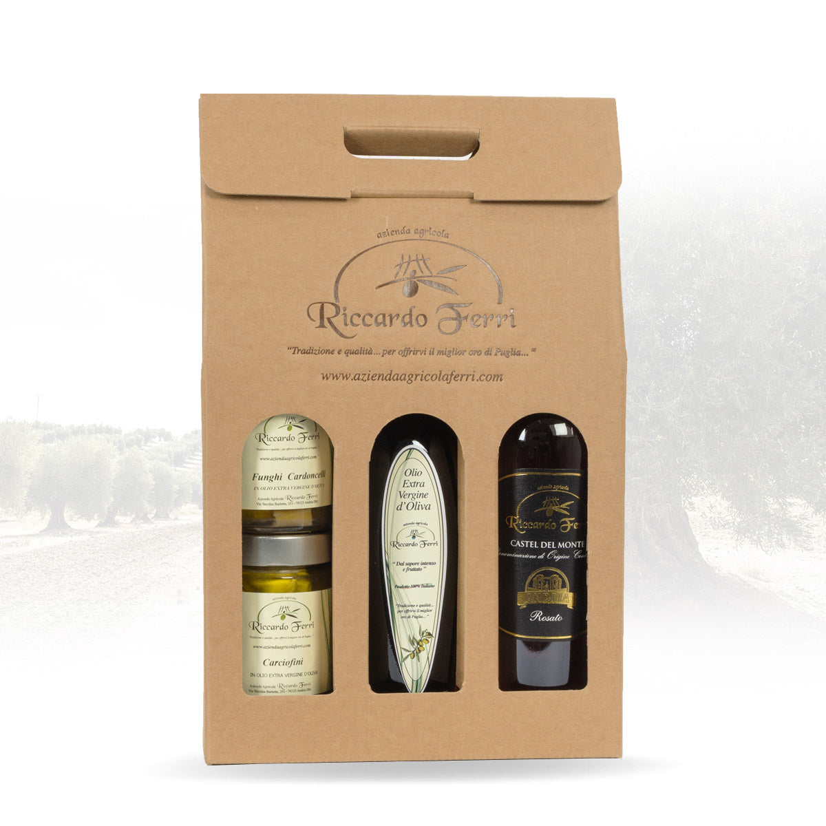 Case with mixed tasting sets (2 jars of preserves, olive oil, rose wine)