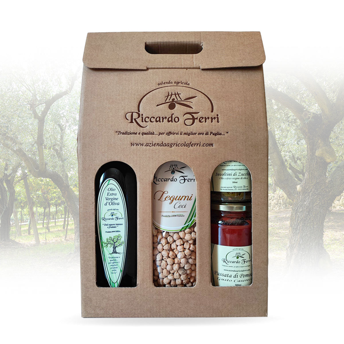 Box with assorted tastings (oil, chickpeas, tomato puree, preserves)