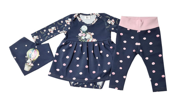 3-piece baby set - Hippo in a balloon - blue