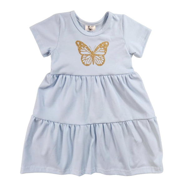 Girls' Dress with Short Sleeves - Light Blue + Butterfly