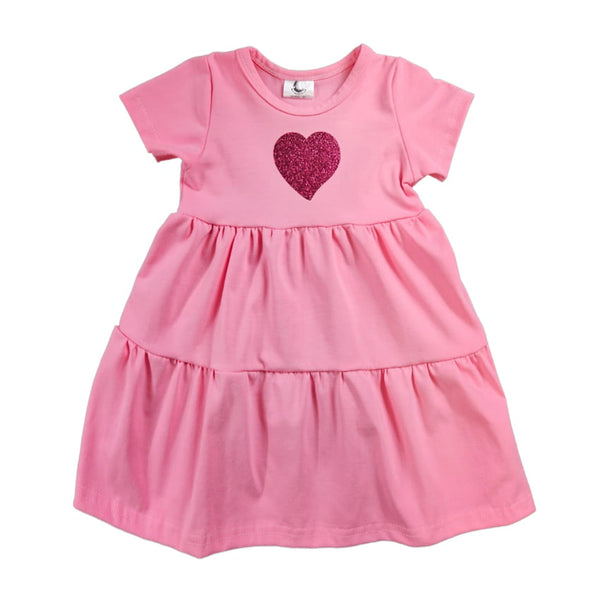 Girls' Dress with Short Sleeves - Pink + Heart