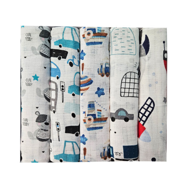 Set of Cotton Tetra Diapers 70x70cm - Set 5/1 - Sweet Teddy Bears and Vehicles