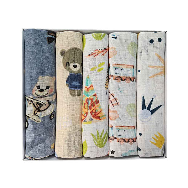 Set of Children's Cotton Tetra Diapers 70x70cm in Gift Box - Set 5/1 - Teddy Bear in Airplane