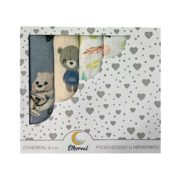 Set of Children's Cotton Tetra Diapers 70x70cm in Gift Box - Set 5/1 - Teddy Bear in Airplane