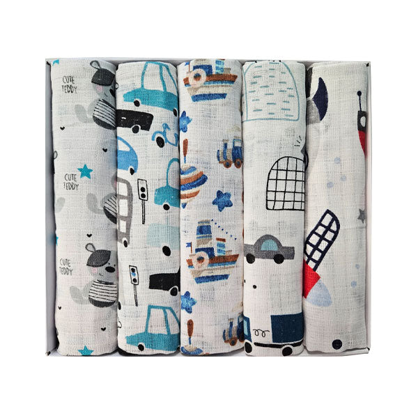 Set dječjih tetra pelena pamuk 70x70cm u poklon kutiji - Set 5/1 -Slatki medvjedić i vozila
