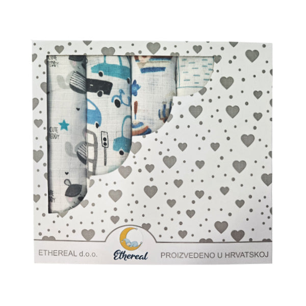 Set of Children's Cotton Tetra Diapers 70x70cm in Gift Box - Set 5/1 - Sweet Teddy Bear and Vehicles