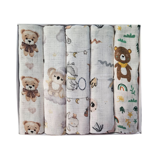 Set of Cotton Tetra Diapers 70x70cm in Gift Box - Set 5/1 - Beige Animals