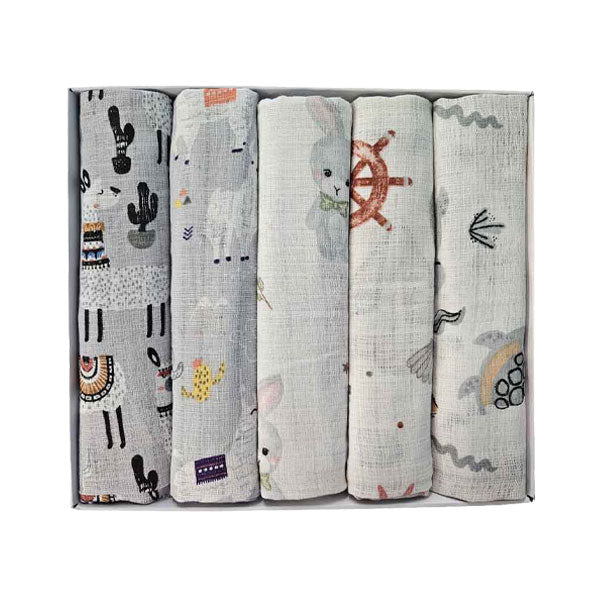 Set djecjih tetra pelena pamuk 70x70cm u poklon kutiji - Set 5/1 - Sive životinje