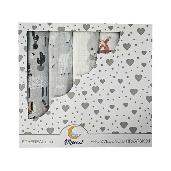 Set djecjih tetra pelena pamuk 70x70cm u poklon kutiji - Set 5/1 - Sive životinje