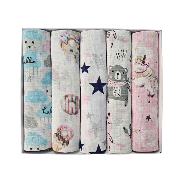 Set dječjih tetra pelena pamuk 70x70cm u poklon kutiji - Set 5/1 - Jednorog i zvjezdice