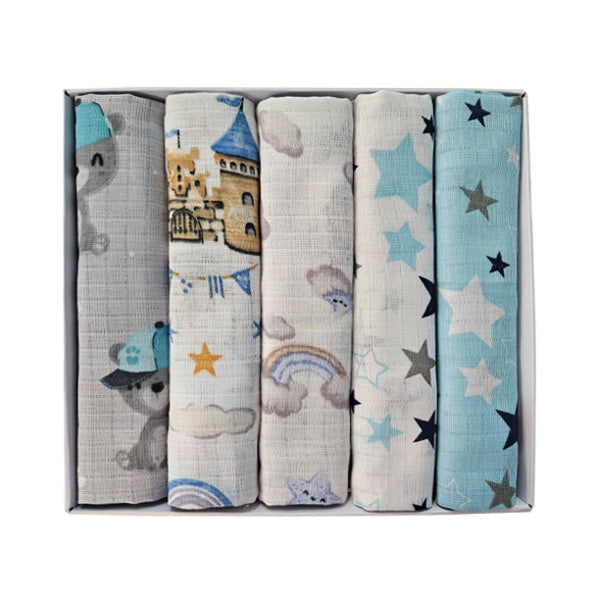 Set of Children's Cotton Tetra Diapers 70x70cm in Gift Box - Set 5/1 - Blue Fairy Tale