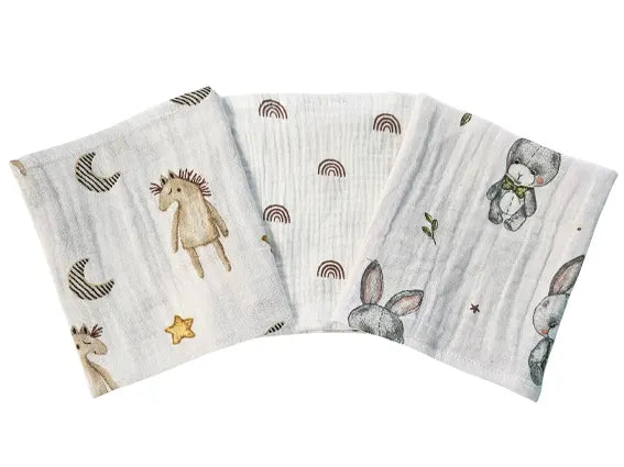 Premium muslin tetra cloths 30x30cm – Set 3/1 - Bunny and Rainbows