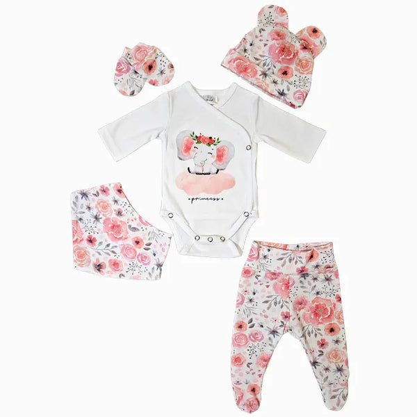 4-piece newborn set - Elephant in flowers
