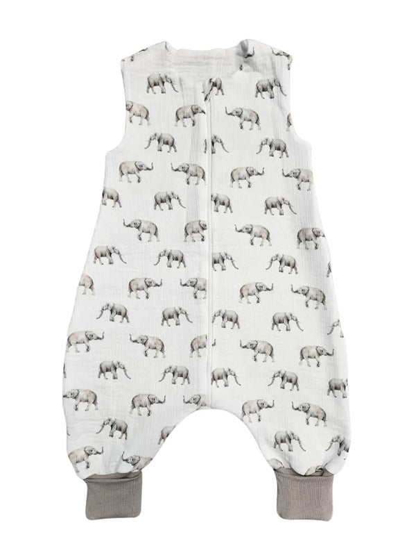 Muslin two-layer summer sleeping bag with legs – Grey elephants