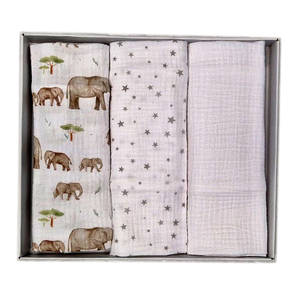 Set of children's premium muslin tetra diapers 65x65cm in a gift box - Set 3/1 - Elephants