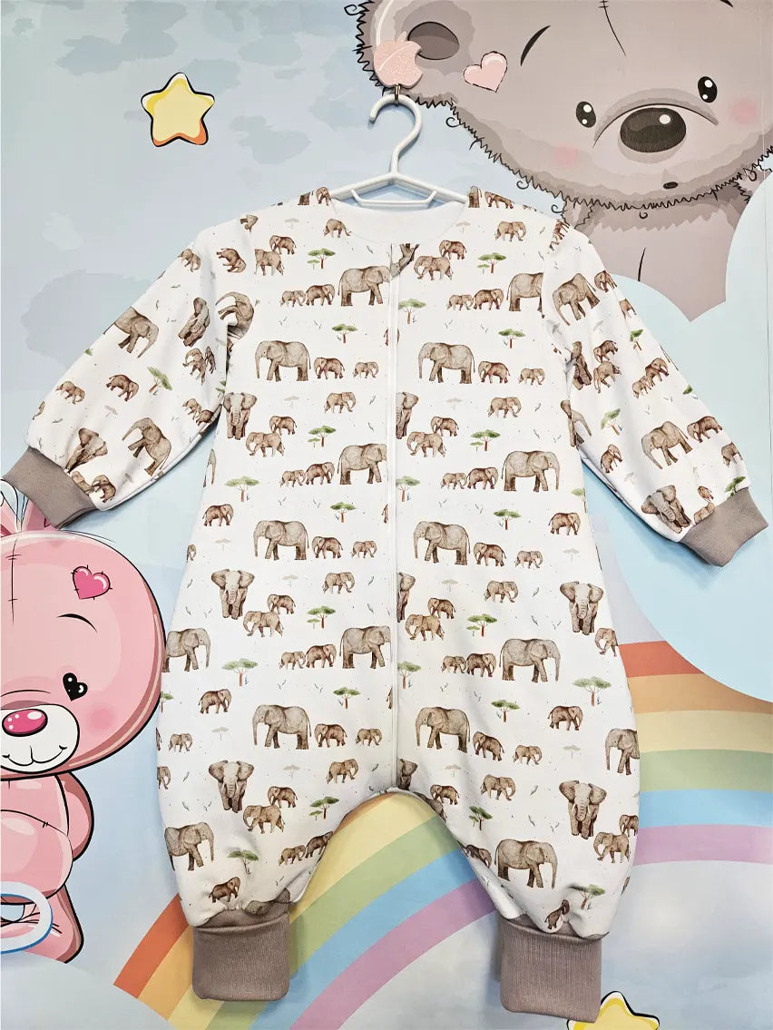 Cotton sleeping bag with legs, sleeves, and filling - Mama and baby elephant