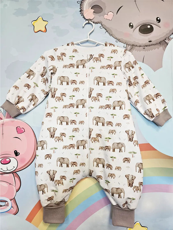 Cotton sleeping bag with legs, sleeves, and filling - Mama and baby elephant