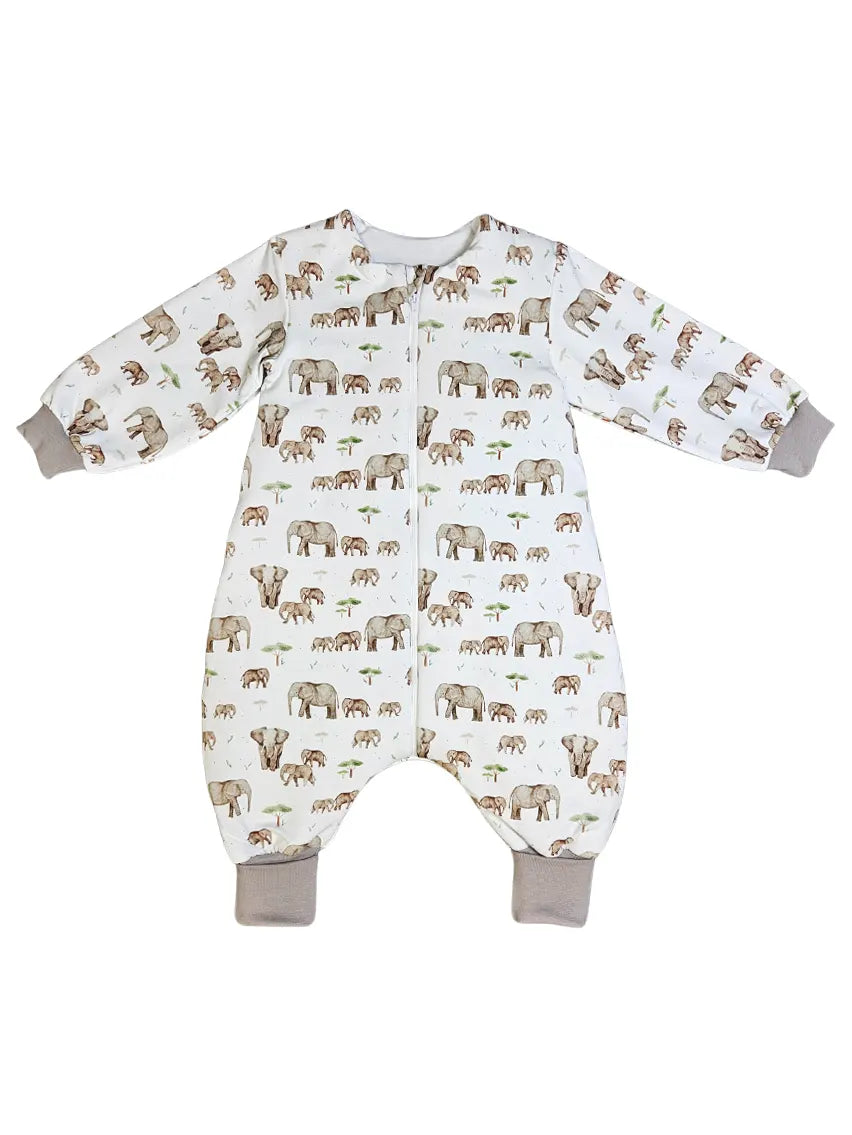 Cotton sleeping bag with legs, sleeves, and filling - Mama and baby elephant