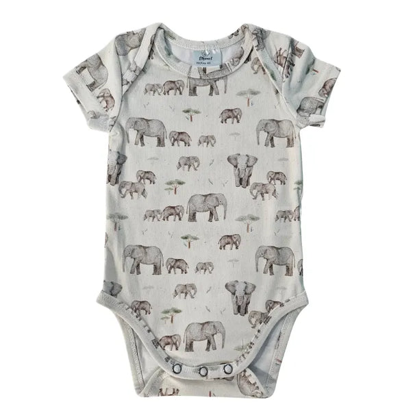Short Sleeve Bodysuit - Elephants - Beige