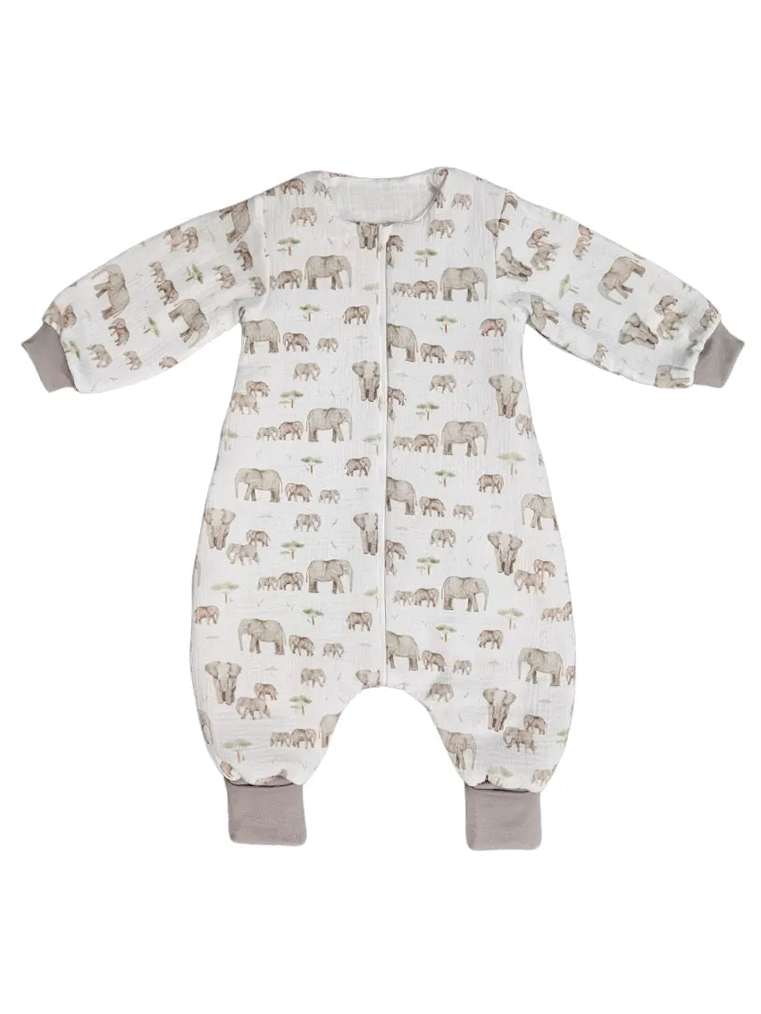 Muslin sleeping bag with legs, sleeves, and filling - Mama and baby elephant