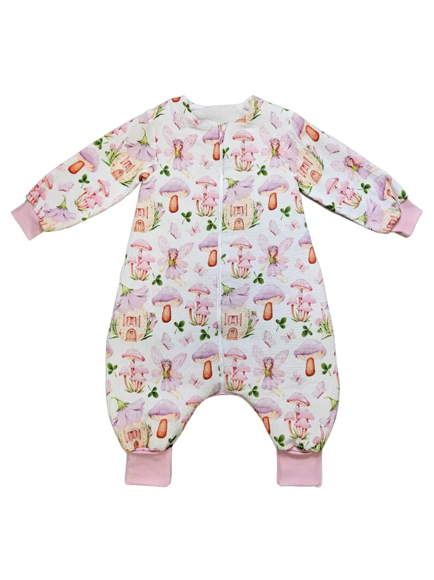Muslin sleeping bag with legs, sleeves, and filling - Lilac forest fairy