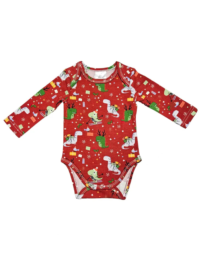Long Sleeve Bodysuit - Dino - Red