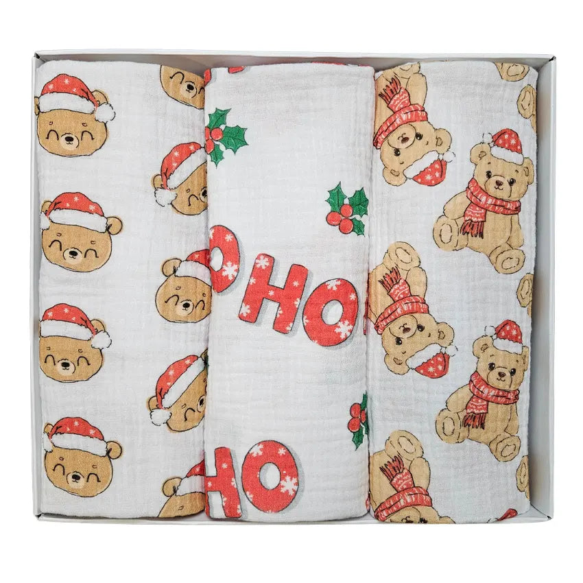 Premium muslin tetra diaper set 65x65cm in gift box - Set 3/1 - Christmas teddy bears