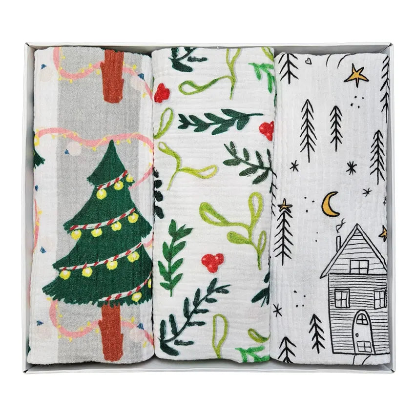 Premium muslin tetra diaper set 65x65cm in gift box - Set 3/1 - Christmas idyll