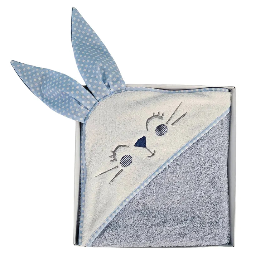 Cotton Towel 100x100cm - Embroidered - Light Blue Bunny