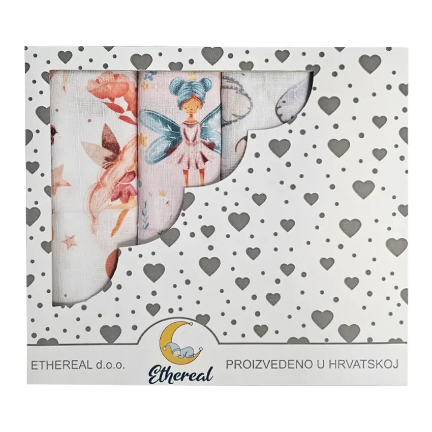 Set of Premium Cotton Baby Tetra Diapers 70x70cm in Gift Box - Set 4/1 - Fairies and Unicorns