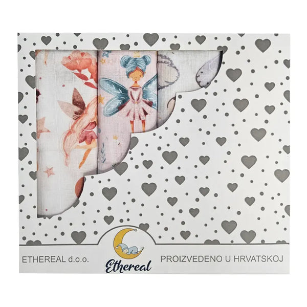 Set of Premium Cotton Baby Tetra Diapers 70x70cm in Gift Box - Set 4/1 - Fairies and Unicorns