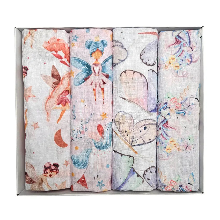 Set of Premium Cotton Baby Tetra Diapers 70x70cm in Gift Box - Set 4/1 - Fairies and Unicorns