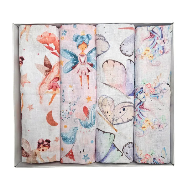Set of Premium Cotton Baby Tetra Diapers 70x70cm in Gift Box - Set 4/1 - Fairies and Unicorns