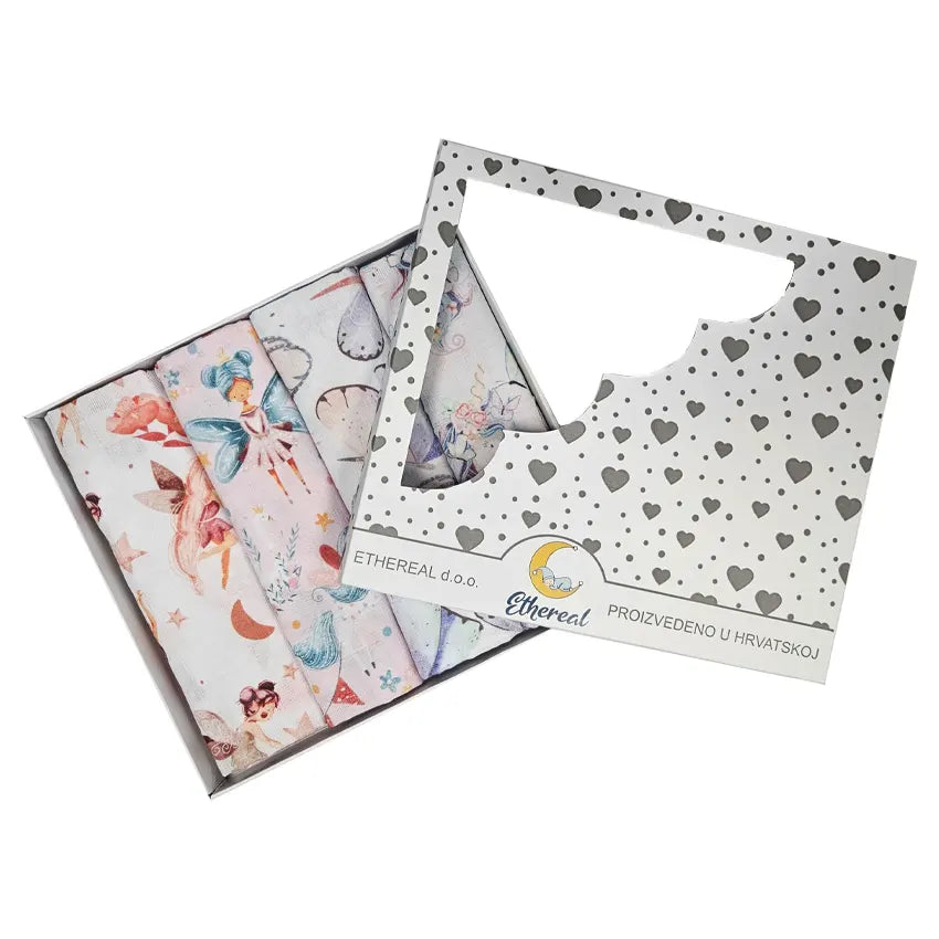 Set of Premium Cotton Baby Tetra Diapers 70x70cm in Gift Box - Set 4/1 - Fairies and Unicorns