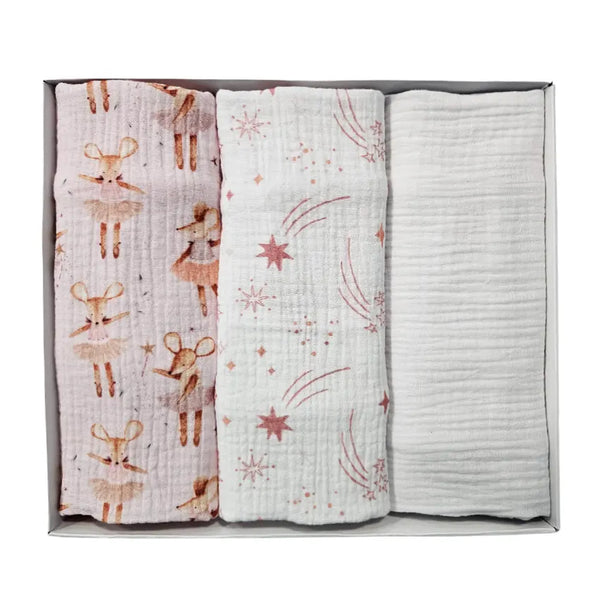 Set of Children's Premium Muslin Tetra Diapers 65x65cm in Gift Box - Set 3/1 - Pink Mouse Fairy