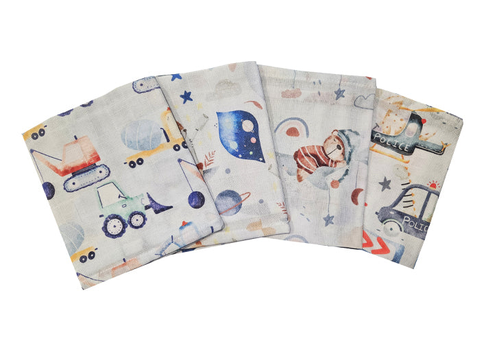 Premium Cotton Tetra Cloths - Set 4/1 - Bear and Vehicles