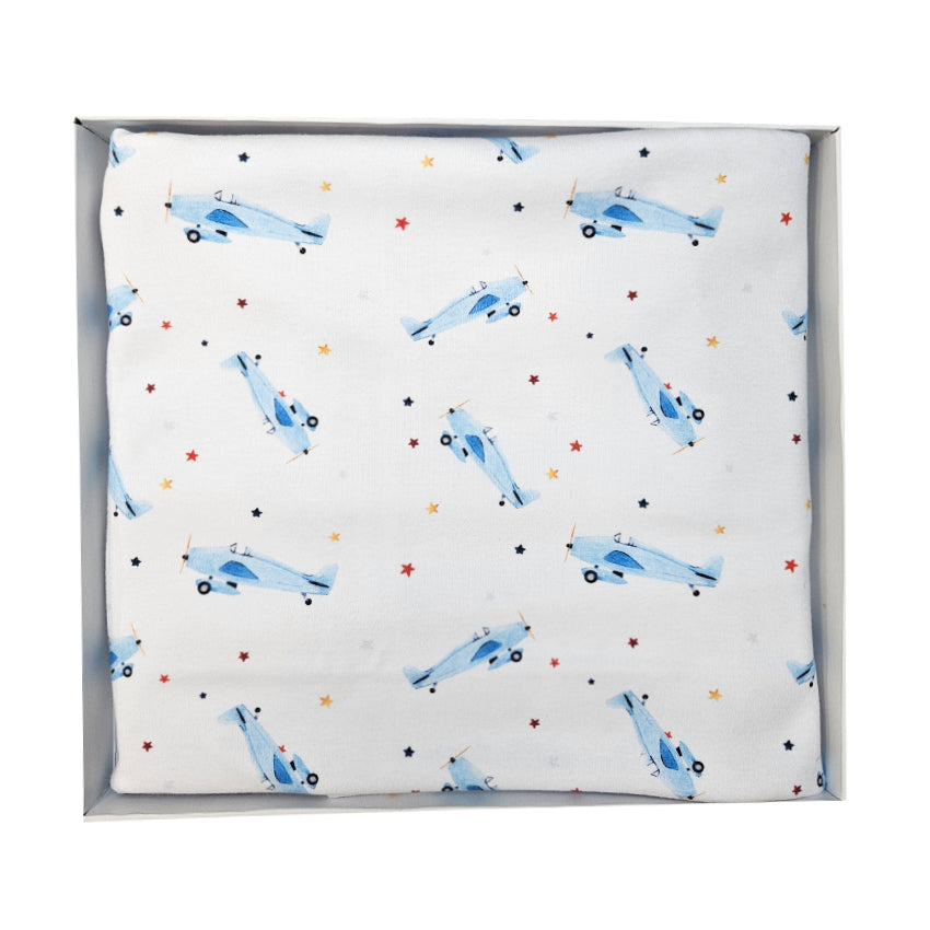 Premium cotton blanket - organic cotton - Small blue planes