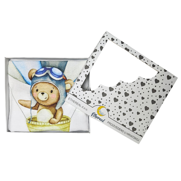 Muslin Double Layer Tetra Blanket 80x100cm - Bear on Hot Air Balloon
