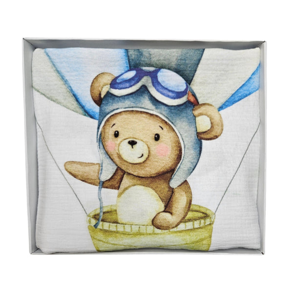 Muslin Double Layer Tetra Blanket 80x100cm - Bear on Hot Air Balloon