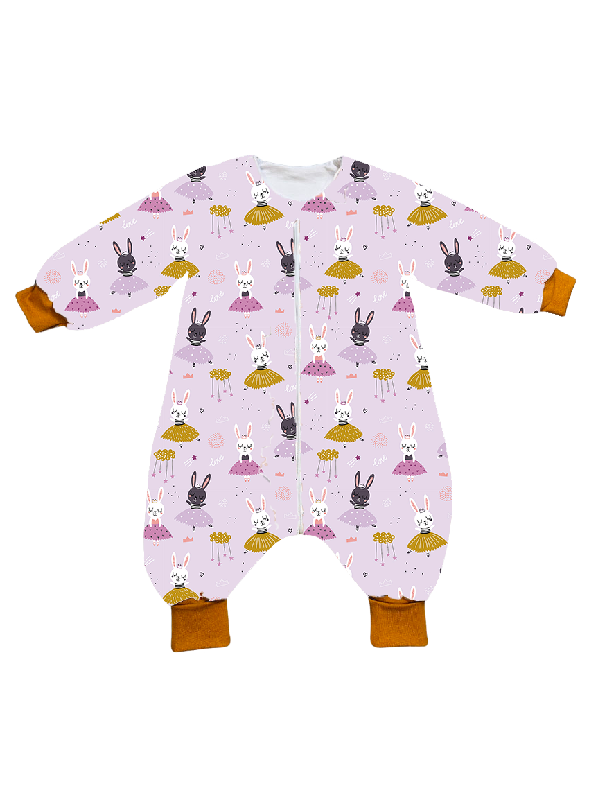 Muslin sleeping bag with legs, sleeves, and filling - Lilac bunny