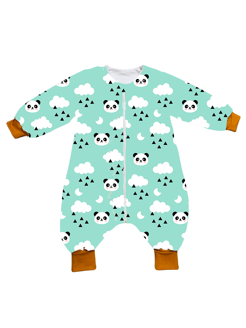 Muslin sleeping bag with legs, sleeves, and filling - Mint panda