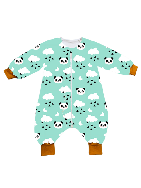 Muslin sleeping bag with legs, sleeves, and filling - Mint panda