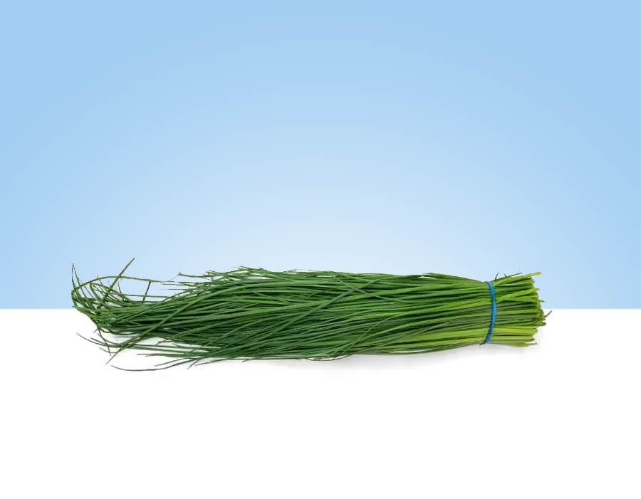 Imagen de un manojo de cebollino fresco y vibrante, con tallos verdes y firmes y pequeñas flores blancas.