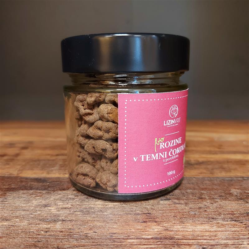 BIO Rozine v TEMNI ČOKOLADI s POREKLOM, 100 g (kozarec)