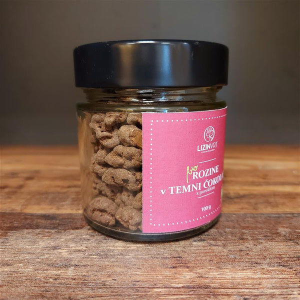 BIO Rozine v TEMNI ČOKOLADI s POREKLOM, 100 g (kozarec)