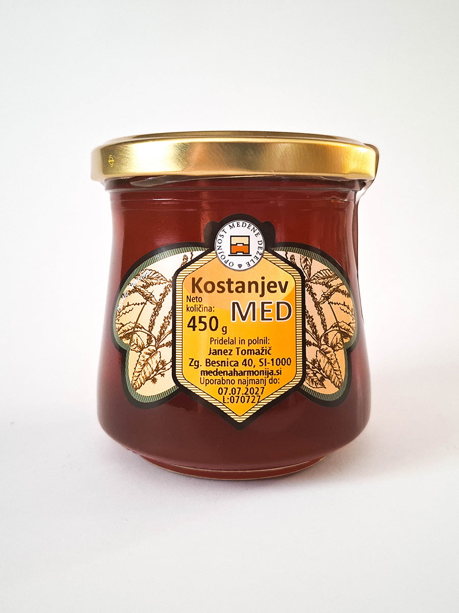 450g of organic chestnut honey in a box