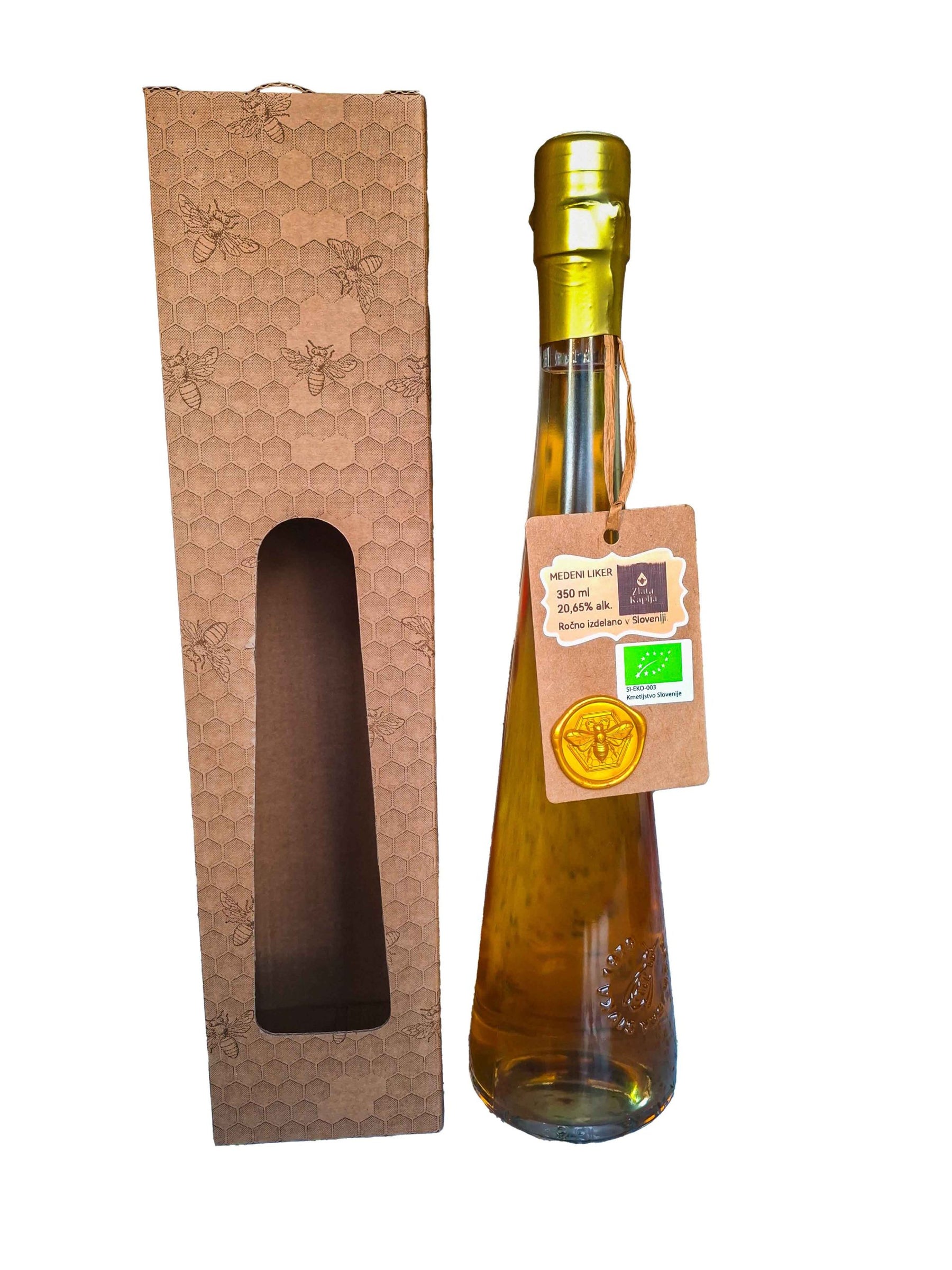 Organic Honey Liqueur Golden Drop in Slovenian Bottle 350ml in Cardboard Packaging