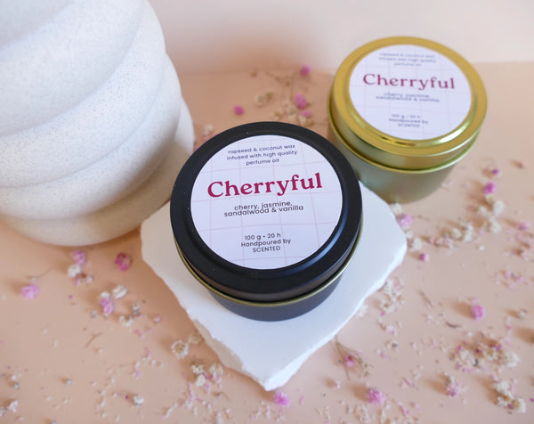 Vegan dišeča sveča Cherryful, 100 g, zlata aluminijasta posodica, češnjev vonj