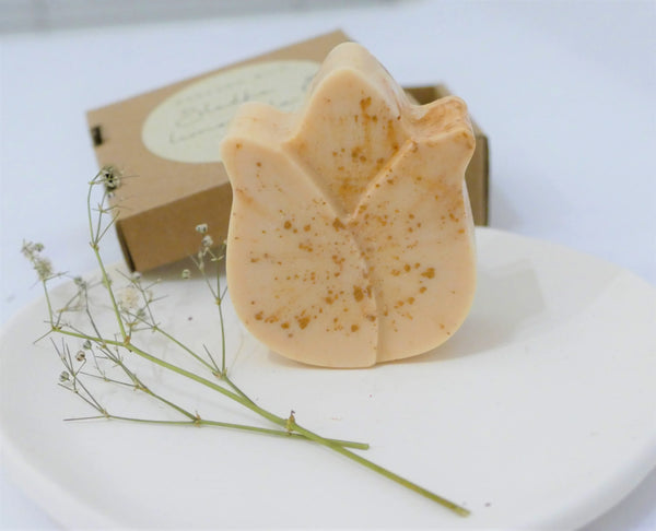 Ročno izdelano naravno milo z eteričnim oljem limonske trave v zlati barvi, elegantno zapakirano v škatlici.