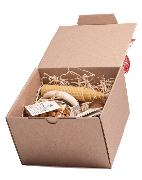 Gift Set - Honey and Spirits 0.1 l, Walnuts and Hazelnuts in Honey 250 g, Beeswax Candle